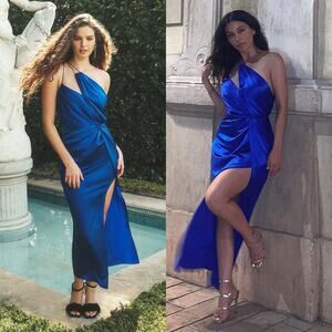 The Sei Strappy Knotted Dress Sapphire Blue Silk One Shoulder Tie Gown Size 0 XS